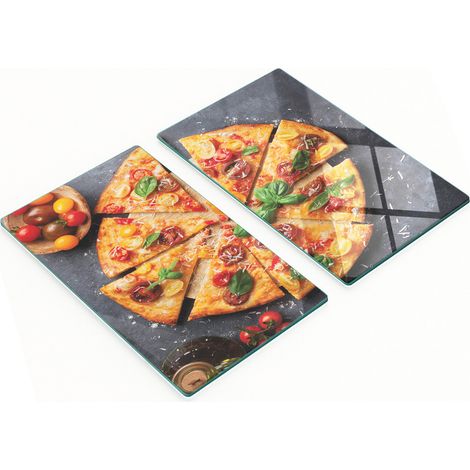 Tablas de cortar de cristal para cocina con dibujos de pizza y tomates, 2 x 30 x 52 cm.