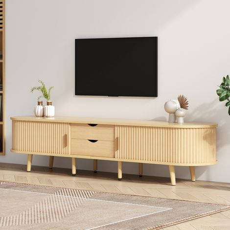 Meuble TV salon 175cm avec 2 tiroirs, 2 porte coulissante, MDF+bois, charge 30kg, 175x40x42cm, naturel (1/5)