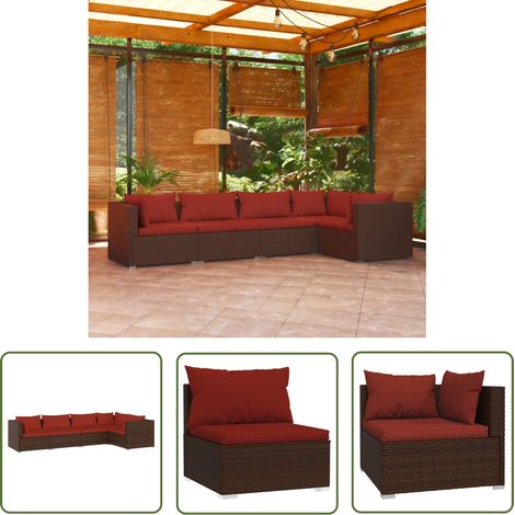 The Living Store Salon de jardin 5 pcs avec coussins résine tressée marron - Meubles De Jardin - Salon De Jardin - Ensemble De Canapés - Canapé D'angle - Canapé Extérieur (1/5)