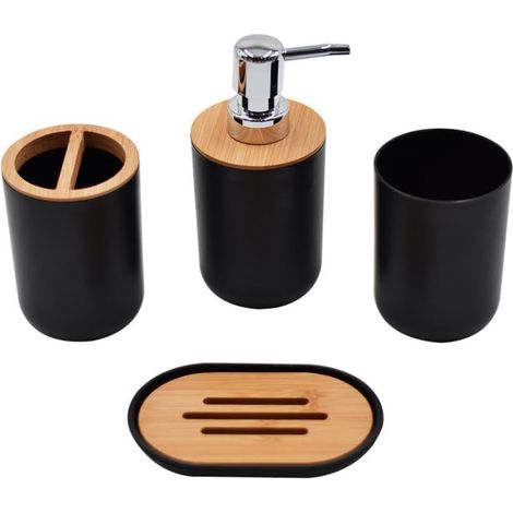 Badezimmer-Accessoire-Set – 4-teilig – Kunststoff und Holz – Stoßfest – Für Zuhause und Hotel – Schwarz (1/5)