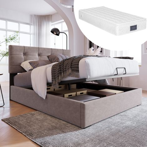 DESVIAE Lit simple rembourré 90 x 200 cm avec matelas sommier relevable rangement tête de lit réglable velours gris clair (1/4)