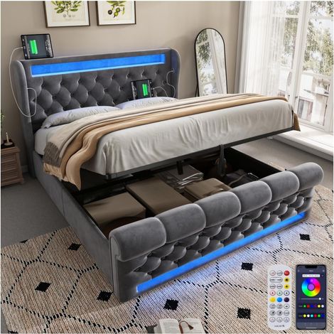 Letto matrimoniale imbottito con LED 140x200 cm, letto contenitore con sollevamento idraulico e porte USB e Type-C, velluto grigio (1/5)