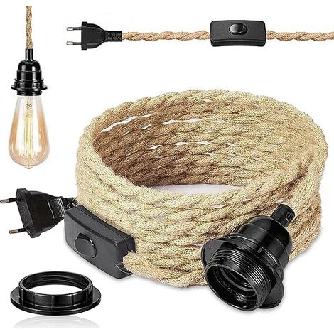 Chandelier Hemp Rope Cable 4.5 m, E27 Socket Switch with Wire Cable Bulb, Hanging Light Lamp Industrial Pendant Light, for Home, Bedroom, Bar (1/5)
