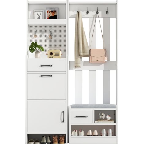 CHICFURN Appendiabiti da ingresso 110 x 35 x 175,5 cm bianco, 7 in 1 con panca (1/5)