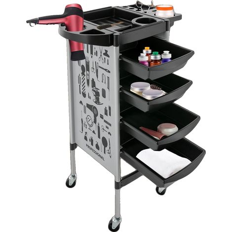 Carrello da salone, in acciaio inox, con 5 ripiani, 4 cassetti, mobile con ruote silenziose, elevata capacità di carico. (1/5)
