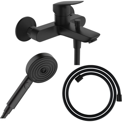 Pack mezclador baño ducha HANSGROHE Logis + Designflex flexible + rociador HANSGROHE Pulsify Select 105 3 jets negro mate