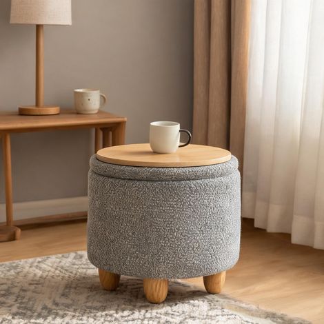 Pouf coffre en lin gris clair 39 cm avec assise et rangement (1/5)