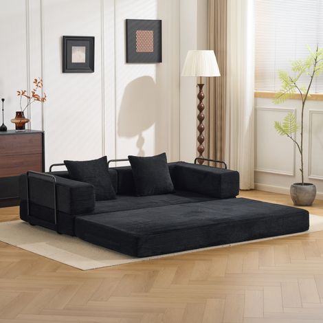 Canapé de sol convertible, canapé-lit de sol avec coussins de dossier et accoudoirs, canapé-lit futon confortable, tissu velours côtelé, pour salon et chambre, noir (1/4)