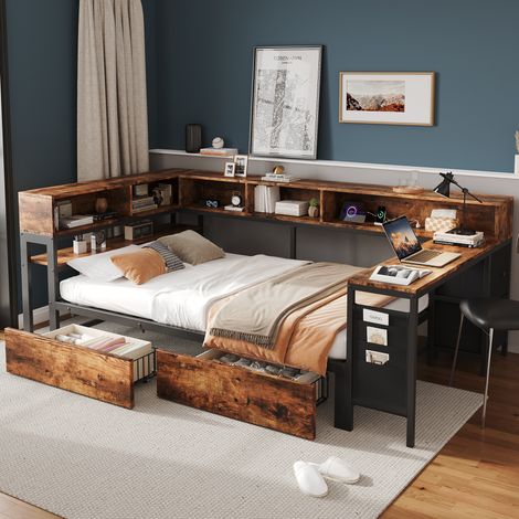 Cama metálica de 120 x 200 cm con espacio de almacenamiento, cama individual en negro/natural con 2 cajones, compartimentos de almacenamiento, puerto de carga, mesita de noche, bolsa de tela y cajones (1/5)