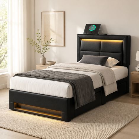MEUBLIV Letto 90x200 cm nero – LED, USB e 4 cassetti, senza materasso (1/5)