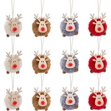 Lot de 12 décorations de Noël à suspendre en feutre en forme d'élan - Décorations à suspendre en bois pour sapin de Noël - 4 couleurs (1/5)