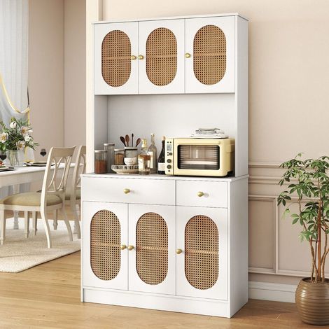 Buffet blanc en bois avec portes en rotin PE, 2 prises électriques et 2 ports USB, 180 cm, pour cuisine, salle à manger et salon (1/5)