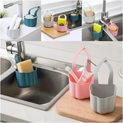 Panier Égouttoir Évier, Rangement Évier Cuisine, Porte-Savon, Éponge, Sac Support Robinet Réglable (Gris) (1/4)