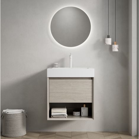 Mueble de baño con lavabo 55 cm, mural, blanco y roble claro HAVRYA (1/5)