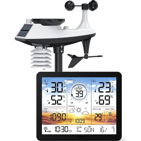 Station météo sans fil, Thermomètre intérieur/extérieur, Écran numérique 7,4'' coucher de soleil, Horloge atomique, Contrôle température et humidité, Prévisions et pression barométrique