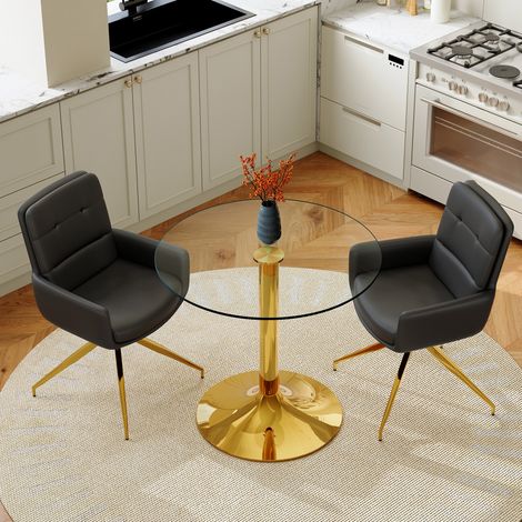 CHICFURN Set tavolo e sedie 85 cm rotondo in vetro temperato nero e oro, 2 posti girevoli (1/5)