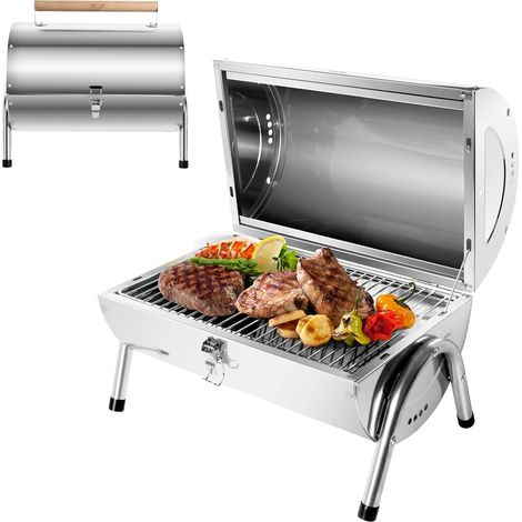 2 in 1 Portable Stainless Steel Charcoal Barbecue Mini Table Top Barbecue Silver BBQ Grill, Transportable, Garden Balcony, Travel Camping (1/5)