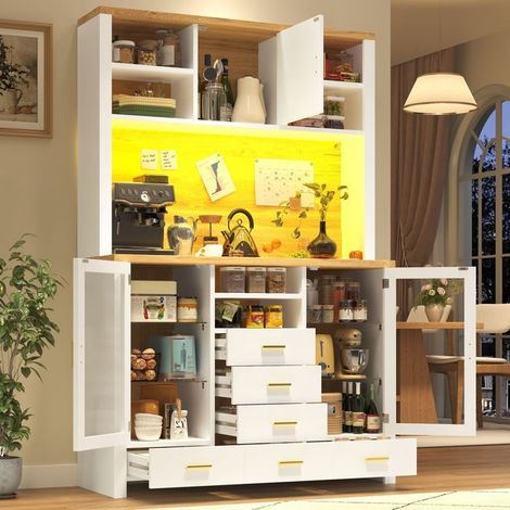 Buffet salle à manger 120x40x190, rangement 7 portes 6 tiroirs Buffet, style campagnard blanc aspect bois, LED intégrées (1/5)