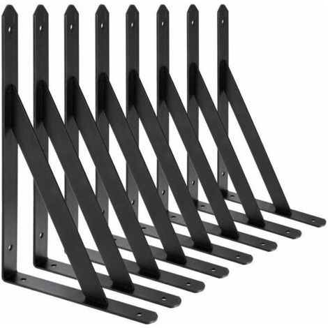 Equerre Etagere Murale. 8 Pcs Supports Triangulaires de 90 Degrés en Acier. Équerres Étagères 200mm x 120mm. Support d'angle Brace (Noir) (1/5)