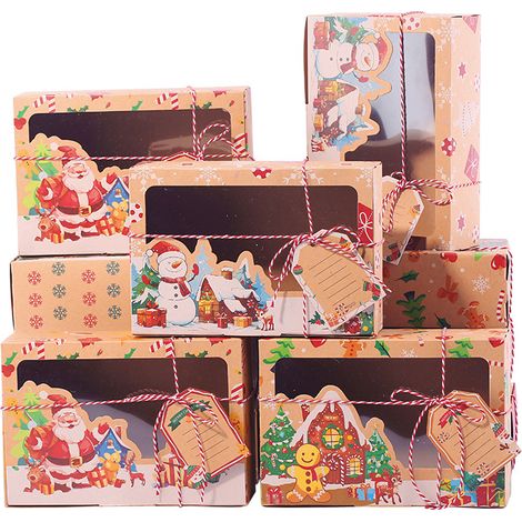 Autre décoration pour Noël,12 Ensembles Boîte Papier Kraft avec Fenêtre Transparente 22 x 15 x 7 cm Boîte Pâtisserie Motif Noël avec Corde et Fenêtre Boîte Cadeaux pour Pâtisseries Biscuits Cupcakes (1/5)