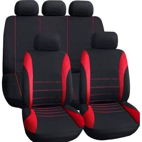 Housses de siège Auto Universel Noir Rouge, Accessoires pour intérieur de Voiture, Coussin de siège Auto Style Sportif, Set Complet de 9 pièces (1/5)