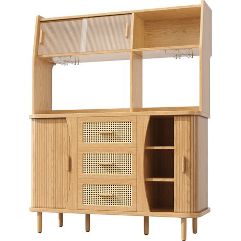 Credenza cucina alta con ante scorrevoli in vetro e cassetti effetto rattan 140x40,5x174,5 cm (1/5)