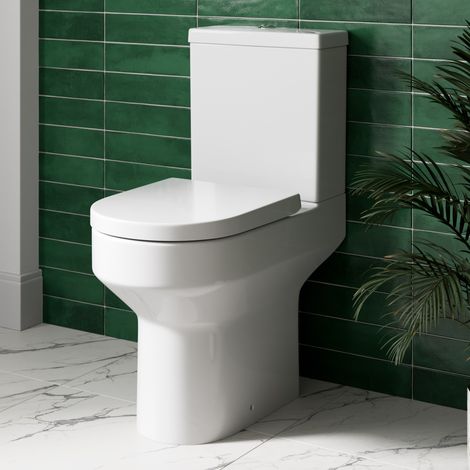 Rimless Close Coupled Bathroom Toilet White Ceramic WC 365mm Rimless D Shape Space Saving Pan with Soft Close Seat