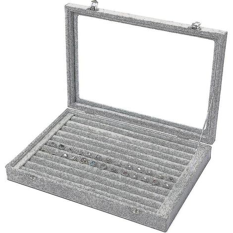 HOMEWE Samt-Ringaufbewahrungsbox – Schmuckvitrine mit transparentem Glasdeckel – Für Ringe, Ohrringe, Anhänger und Manschettenknöpfe – Grau (1/5)