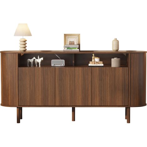 Buffet 160×40×78,5 cm, commode design à 3 portes incurvées et étagère ouverte, pieds en bois massif, meuble solide en panneaux de particules pour séjour, entrée ou salle à manger, capacité de charge 7 (1/5)