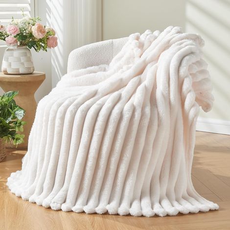 Couverture Plaid Polaire Super Chaude, Plaid Fausse Fourrure Haute Qualité,Couverture à Carreaux stéréoscopiques,white-127cmx153cm (1/5)