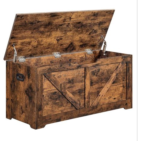 Baúl de almacenamiento de interior banco zapatero puf banco de juguetes para niños con bisagras de seguridad estilo granero 100 x 40 x 46 cm marrón 120005139 (1/4)