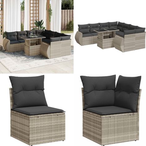 Set muebles jardín 9 pzas y cojines ratán sintético gris claro - Muebles de jardín - Sofás de jardín