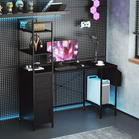 Bureau avec Lumières LED et Prises de Courant Bureau Moderne Etagères Ouvertes 2 Tiroirs Armoire Support pour Processeur Poche Noir (1/3)