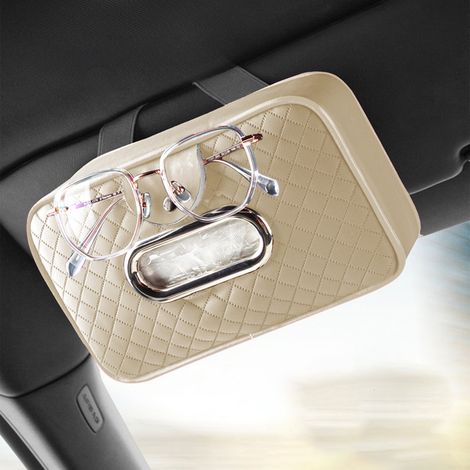 Caja de pañuelos de cuero beige para visera de coche y organizador de gafas con clip (1/3)