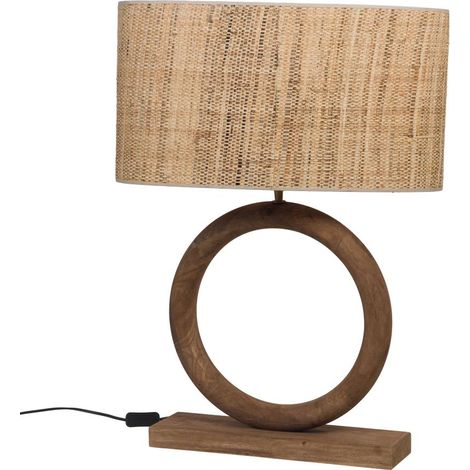 Amadeus - Lampe ronde en bois grand modèle abat jour en rabanne