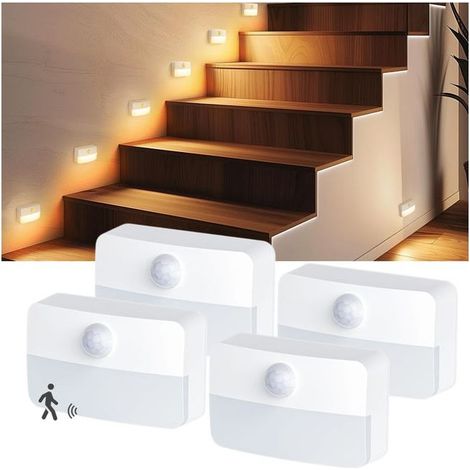 4 lampes murales LED à détecteur de mouvement, éclairage de chambre, escaliers, toilettes, couloir, blanc chaud (1/5)
