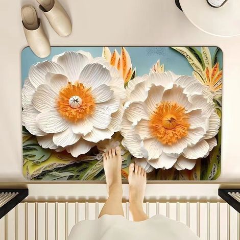 Tapis de bain en diatomée absorbant et antidérapant – Paillasson décoratif style peinture à l’huile avec motif floral (2 fleurs jaunes), résistant à la saleté et à l’usure, 50 x 80 cm-lsw