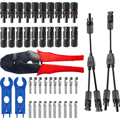 Conectores solares impermeables IP67 (macho/hembra), incluye herramienta de crimpado, 10 pares, en Y (1 a 2), para cableado fotovoltaico (10 pares). (1/5)