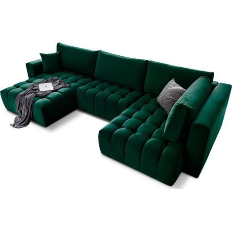 Sofá de esquina BONITA convertible 6 plazas verde oscuro efecto terciopelo – izquierda – 350x175cm (1/3)
