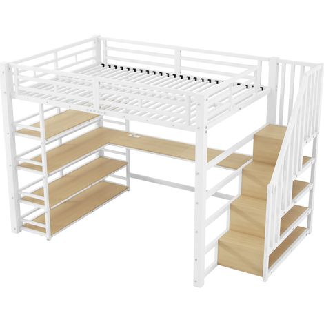 Lit mezzanine en métal 140x200 avec escalier, bureau intégré, compartiments de rangement, station de charge USB et éclairage LED, blanc
