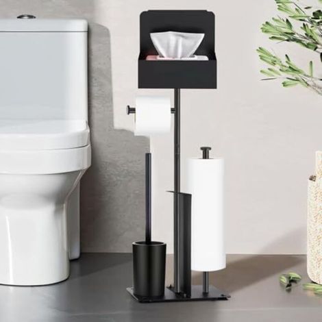 Porte-papier toilette sur pied avec brosse intégrée - Ensemble en acier inoxydable noir comprenant un porte-papier toilette et une brosse, installation sans perçage, brosse et porte-rouleau de papier