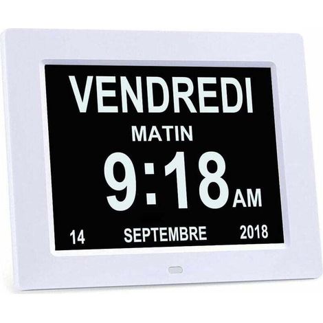 8" LCD Horloge Numérique Calendrier avec Date, Jour et Heure Horloge Alzheimer pour Les Seniors,C'est pour Les Parents (Blanc) (1/4)