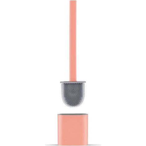 Silicone Toilet Brush Holder, Flat Toilet Brush and Holder, Drip-Free, Antibacterial, Vented Toilet Brush, Quick Drying, Odorless, Wall/Floor Toilet Brush, Bathroom and Toilet, Pink