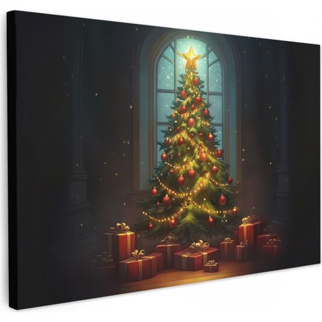 TABLEAU SUR TOILE Arbre de Noël - Cadeau - Hiver Toile Peinture Grand Format XXL 150x100 cm