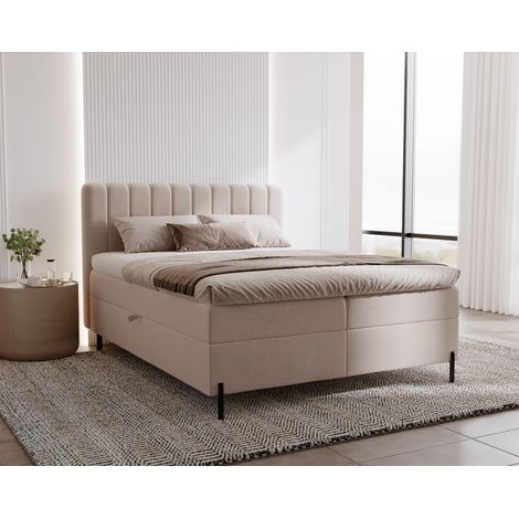 Emporius Lit double 160x200 avec matelas Florence Box - coffre de rangement, surmatelas, tissu velours - Beige (1/5)