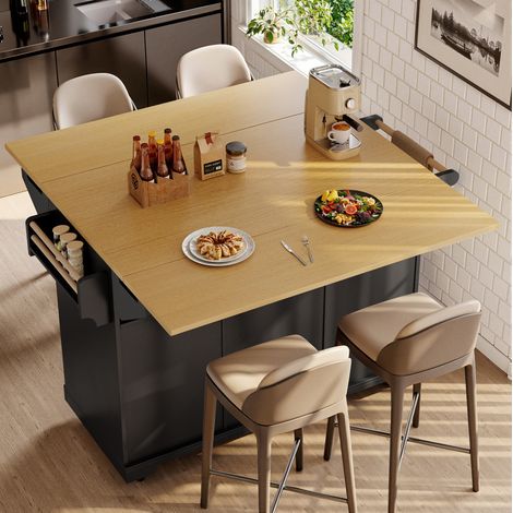 MODFU – Isola cucina mobile 120x40/80x95 cm in MDF e metallo con piano ribaltabile, 3 cassetti, 5 ruote e portata 60 kg – Nero (1/5)