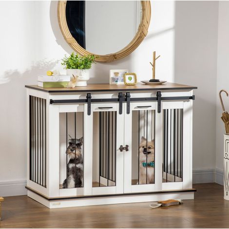 Jaula para perros de madera blanca con doble puerta y separador, 120 x 60 x 88,5 cm (1/5)