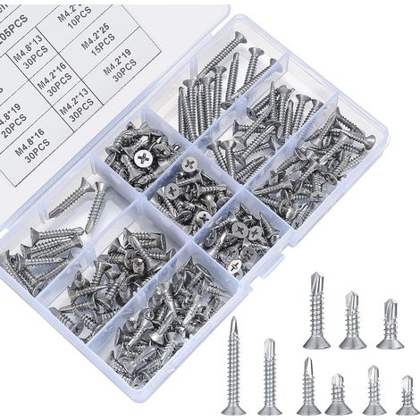 205 Pcs Vis Autoforeuse Metal, M4,2 M4,8 à Tôle Autoperceuses à Tête Fraisée Cruciforme, à Tête Plate, Vis Autoforante en Acier Inox, Vis Autotaraudeuses, Vis Autoperceuse pour Métal Bois (1/5)