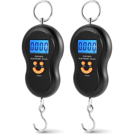 Balanza electrónica colgante portátil de 50 kg (110 lb) con pantalla LCD retroiluminada, gancho de acero inoxidable, incluye 2 pilas AAA, 2 unidades. (1/5)