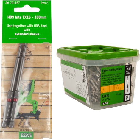 Tornillos para terrazas ESSVE HDS NN de acero A4, 4,8 x 60 mm, 250 unidades + puntas TX de 15 x 100 mm, 2 unidades (1/5)